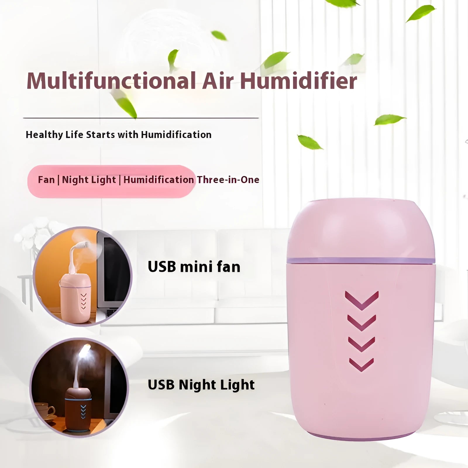 Round blue portable air purifier and aromatherapy diffuser unit with USB cable on a wooden desk.