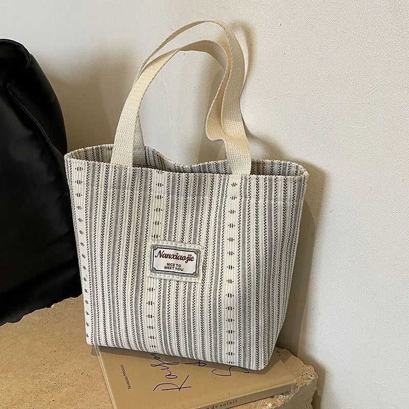Japanese style large capacity corduroy handbag in ivory white, grey, or dark brown.