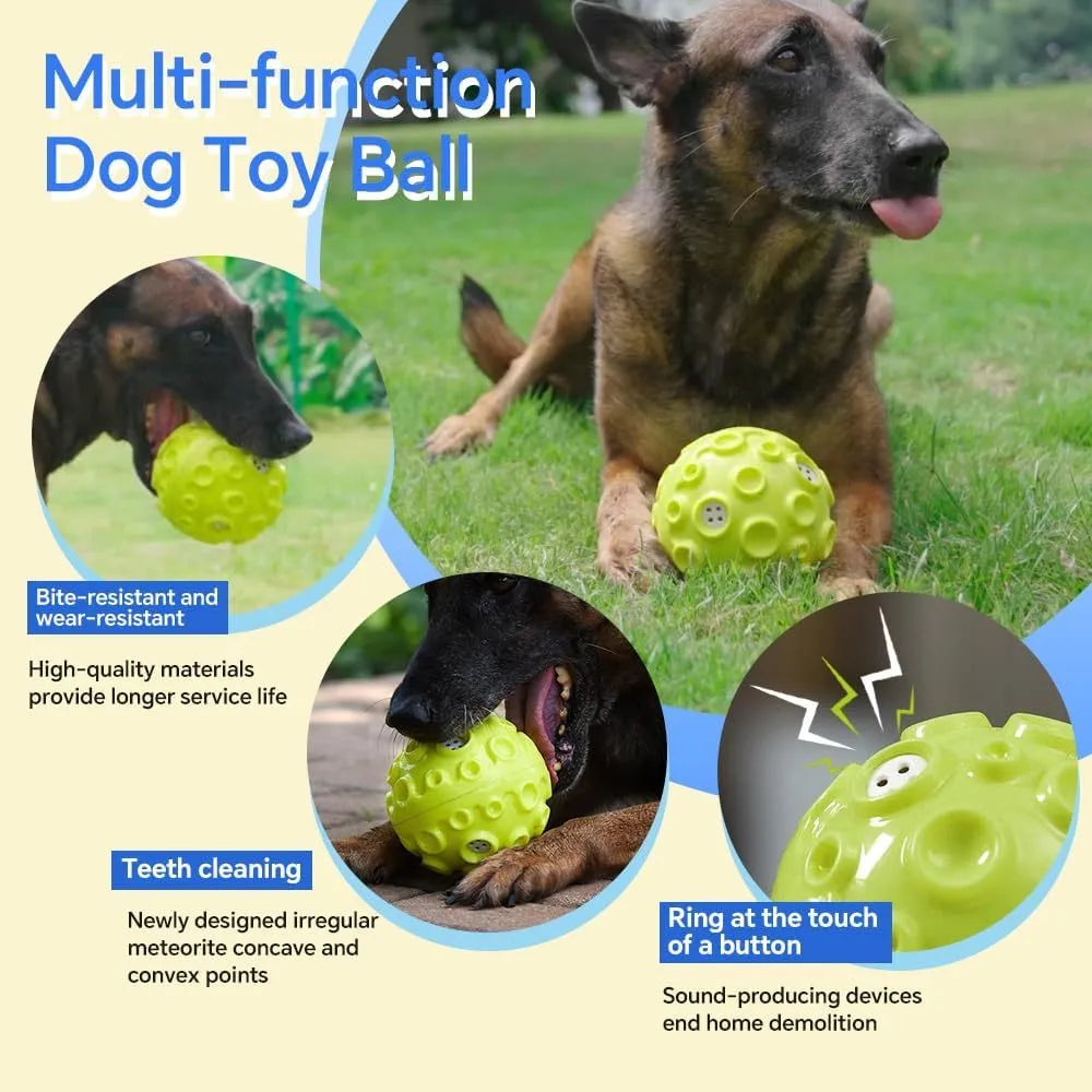 Durable natural rubber dog ball with meteorite-shaped bumps for aggressive chewers in multiple colour options