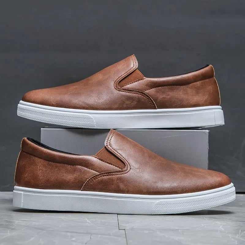 Brown slide bushing sneakers with non-slip plastic sole and high mouth design