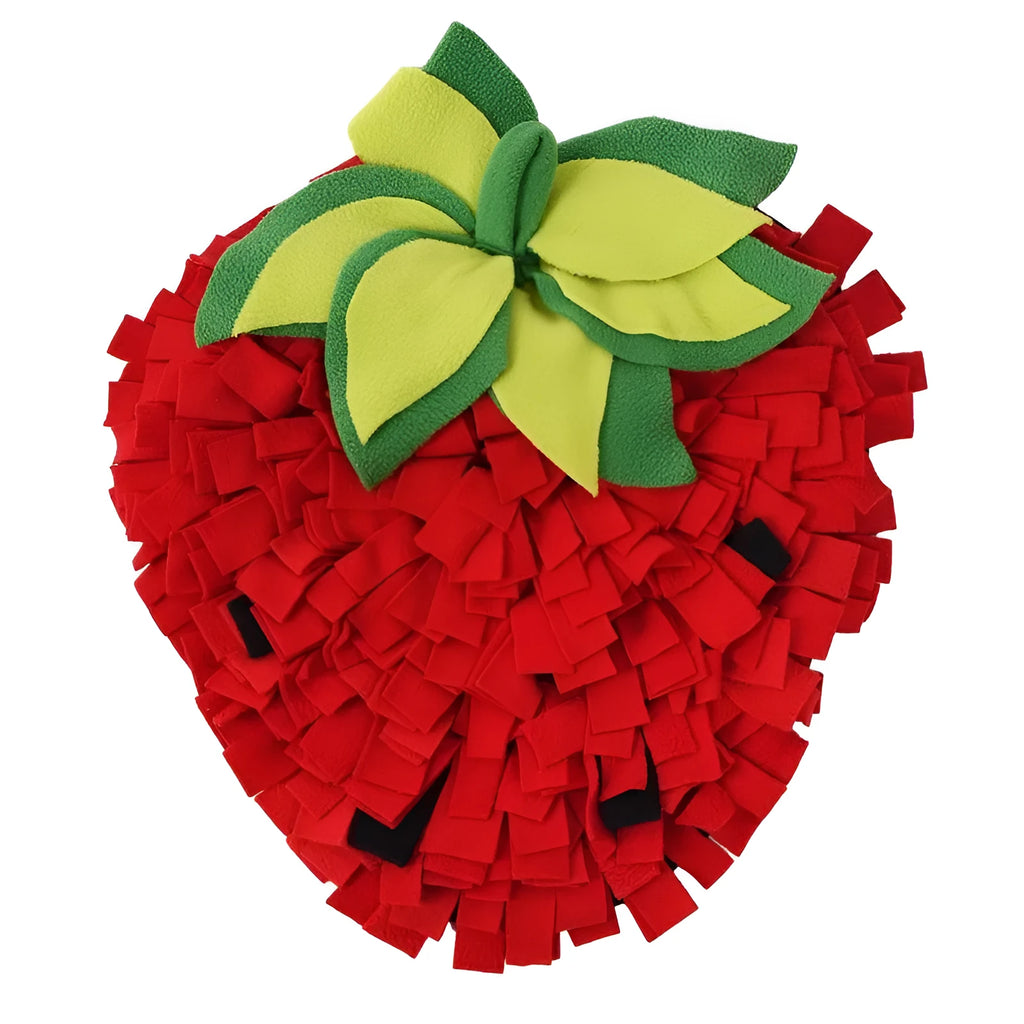 Red and green strawberry-shaped pet sniffing mat for slow feeding dogs and cats.