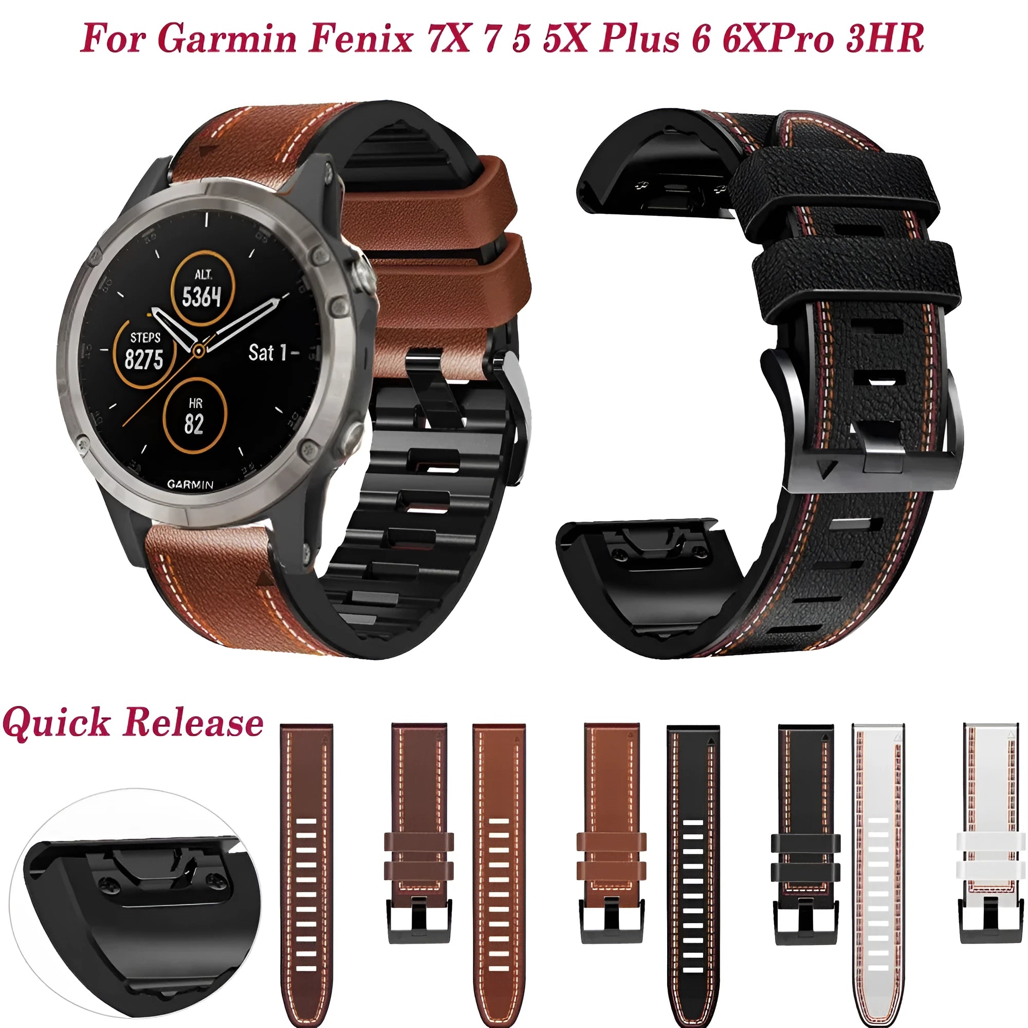 Silicone leather quick release watch strap for Garmin Fenix models in black, brown, light brown, and white