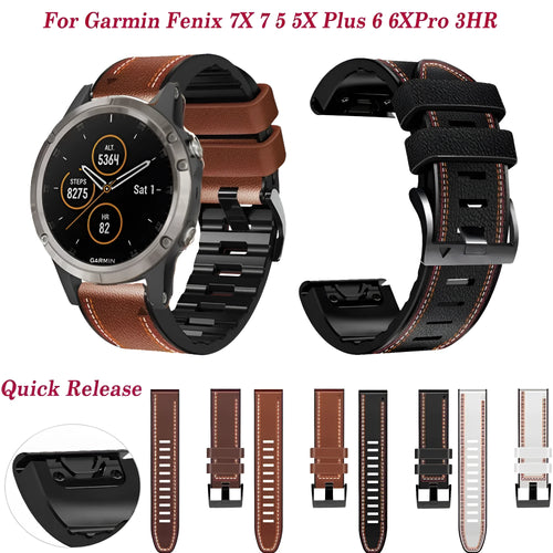 Silicone leather quick release watch strap for Garmin Fenix models in black, brown, light brown, and white