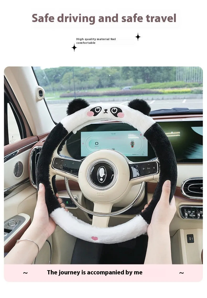 Fleece steering wheel cover with embroidered animal design for 38cm diameter steering wheels