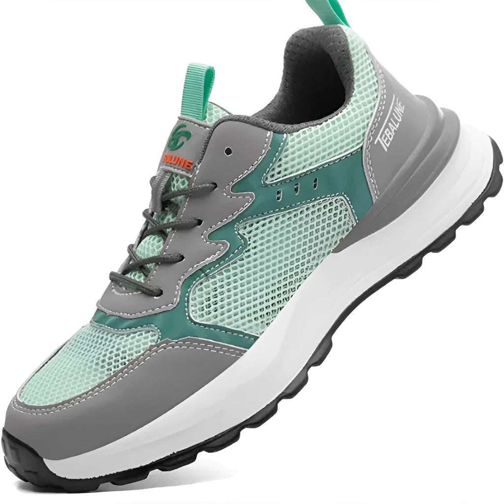 Green men's work shoes with plastic steel toe cap, breathable mesh upper, and TPU sole