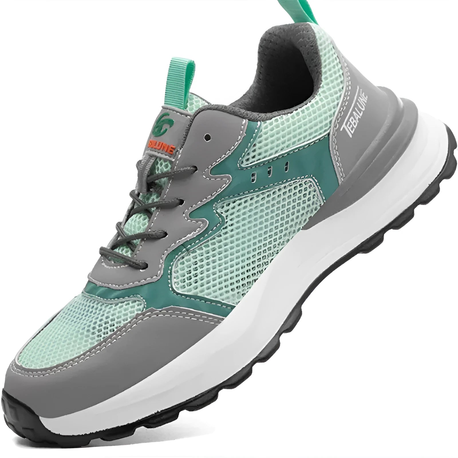 Green men's work shoes with plastic steel toe cap, breathable mesh upper, and TPU sole