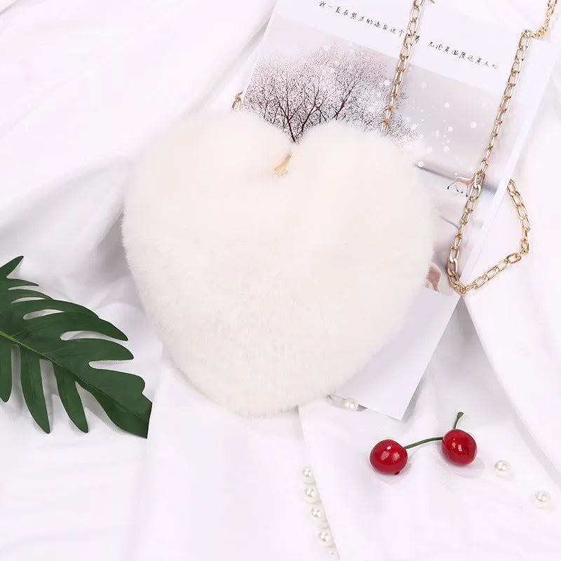 Love Bags plush heart-shaped shoulder bag in red, with chain strap and zipper, 25cm wide