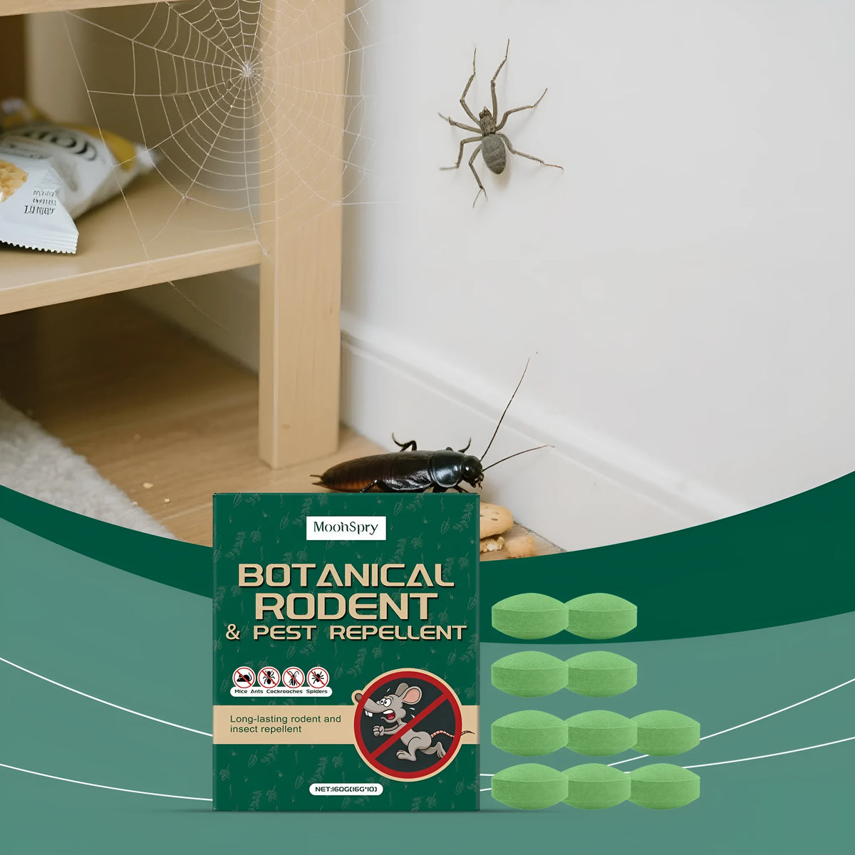 Pack of ten 16g anti-mouse repellent pills and three mesh bags for pest control.