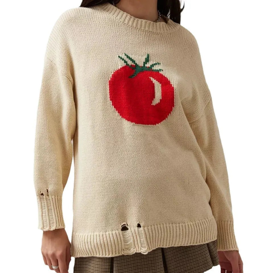 Women's acrylic jacquard pullover sweater with round neck and loose-fitting design in milky white