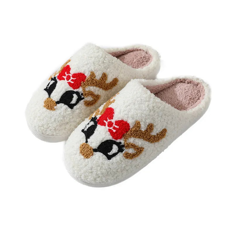 Christmas deer slippers women's indoor non-slip TPR sole plush upper fox colour round toe