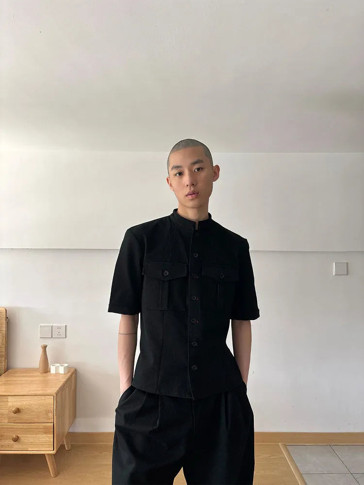 Handmade black hunting shirt with red eye pattern, half sleeves, and loose fit