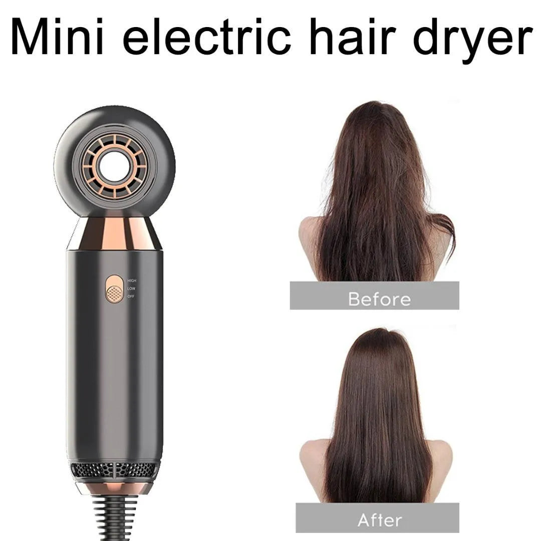 Compact leafless hair dryer with concentrator diffuser attachment on a white background.