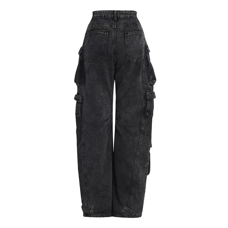 Women's high waist wide leg jeans in tie-dyed denim with multiple pockets and street hipster styling