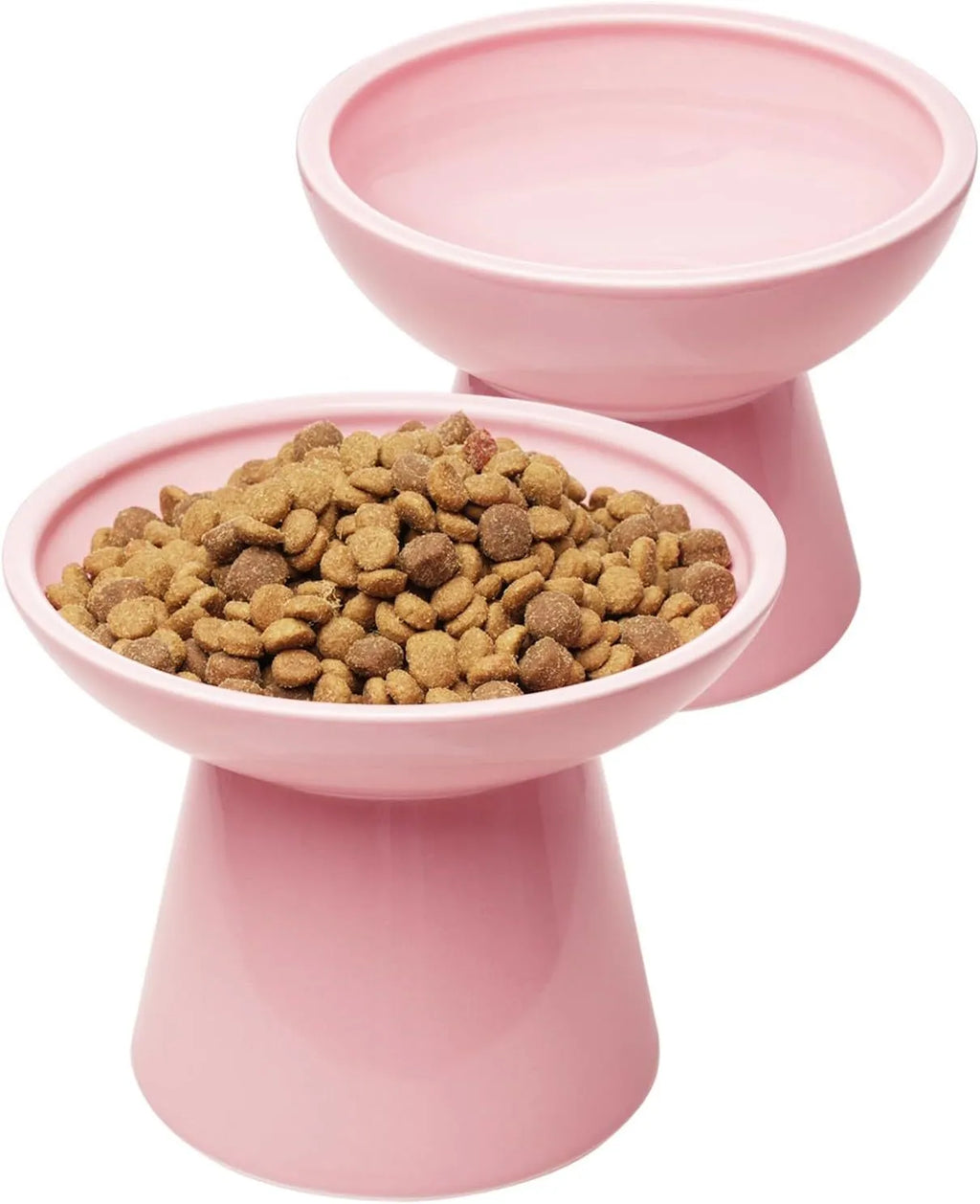 Blue ceramic elevated cat food bowl with wide shallow dish on a white surface.