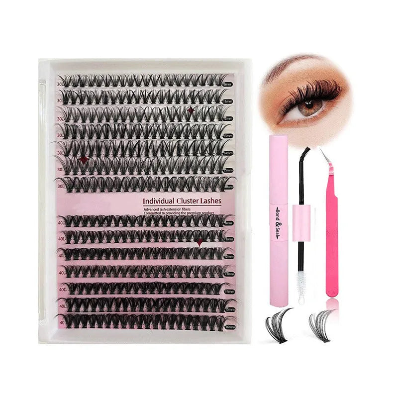 DIY mixed package of 30D and 40D cluster false eyelashes with tweezers on a pink background.