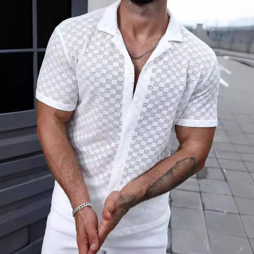 Men's short sleeve shirt with lace hollow detail in white or black, polyester blend, sizes S-XXL