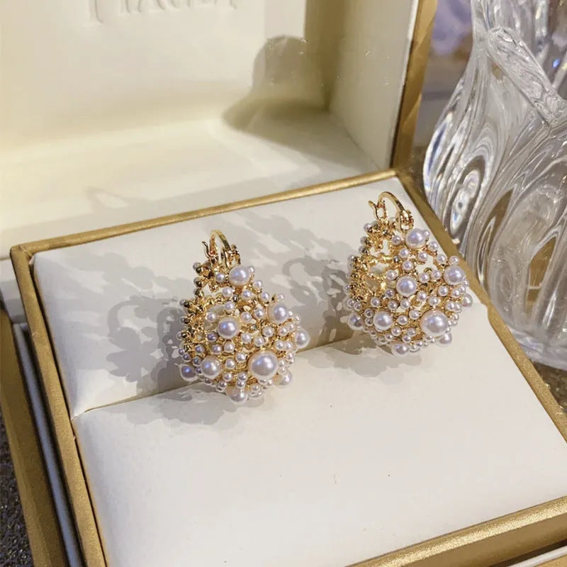 Gold flower basket earrings with pearl inlay and small rice-shaped beads for women
