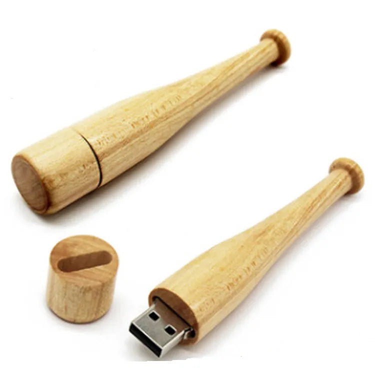 Wooden baseball bat USB flash drive with creative design and USB connector on a light background.
