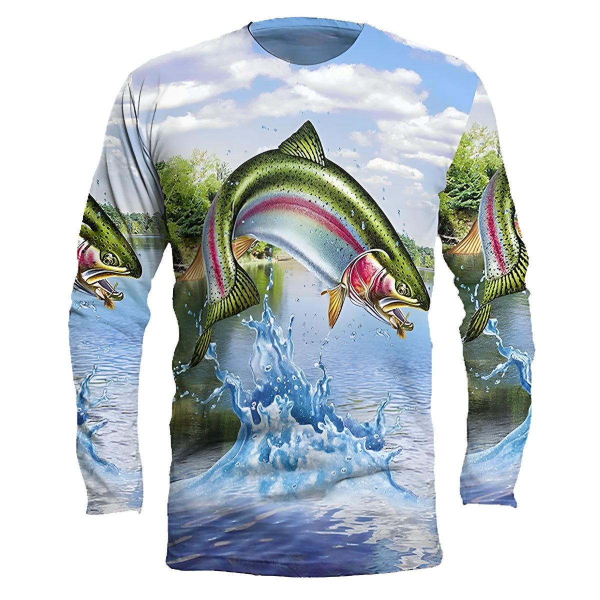 Men's grey round neck pullover with a detailed multi-coloured fish print on the front.