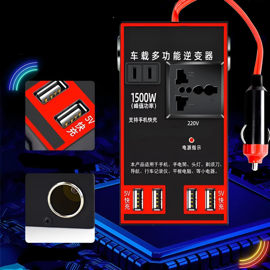 Black automotive power converter transforming 12V 24V car power to 220V with socket and USB charging ports
