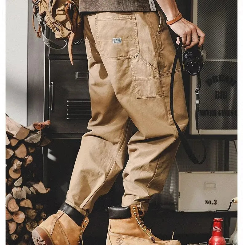 American retro lumberjack ankle banded pants in khaki, straight-leg drawstring style for men