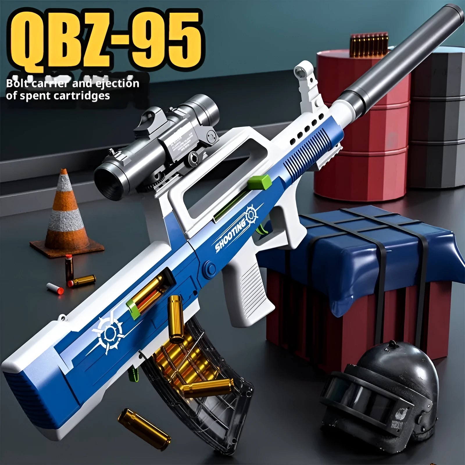 Assault rifle hand pull launch boy simulation toy gun in blue plastic for youths