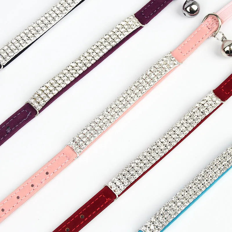 Suede cat collar with rhinestones in five colours, adjustable from 20cm to 30cm length
