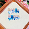 Blue hand-painted carved summer ice transparent plastic fake nails with armour set