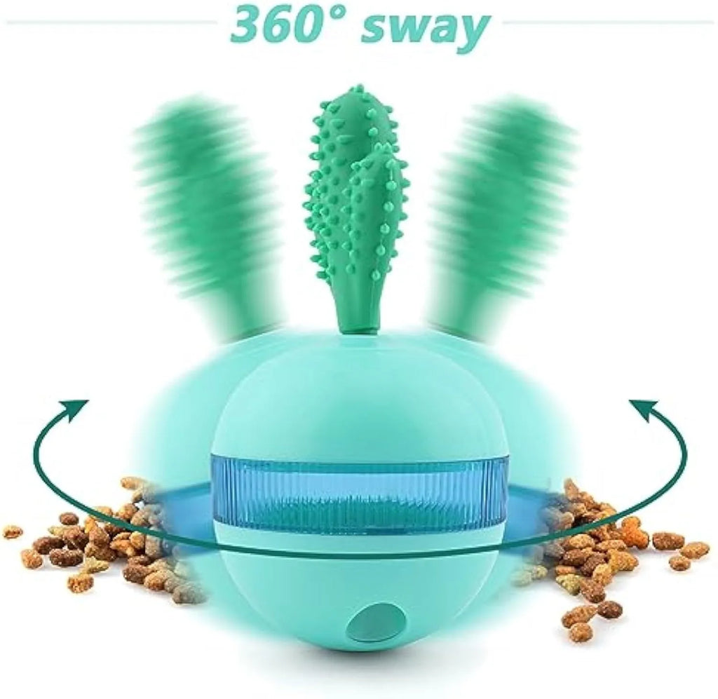 Blue and green durable rubber treat dispensing dog toy with tumbler ball design