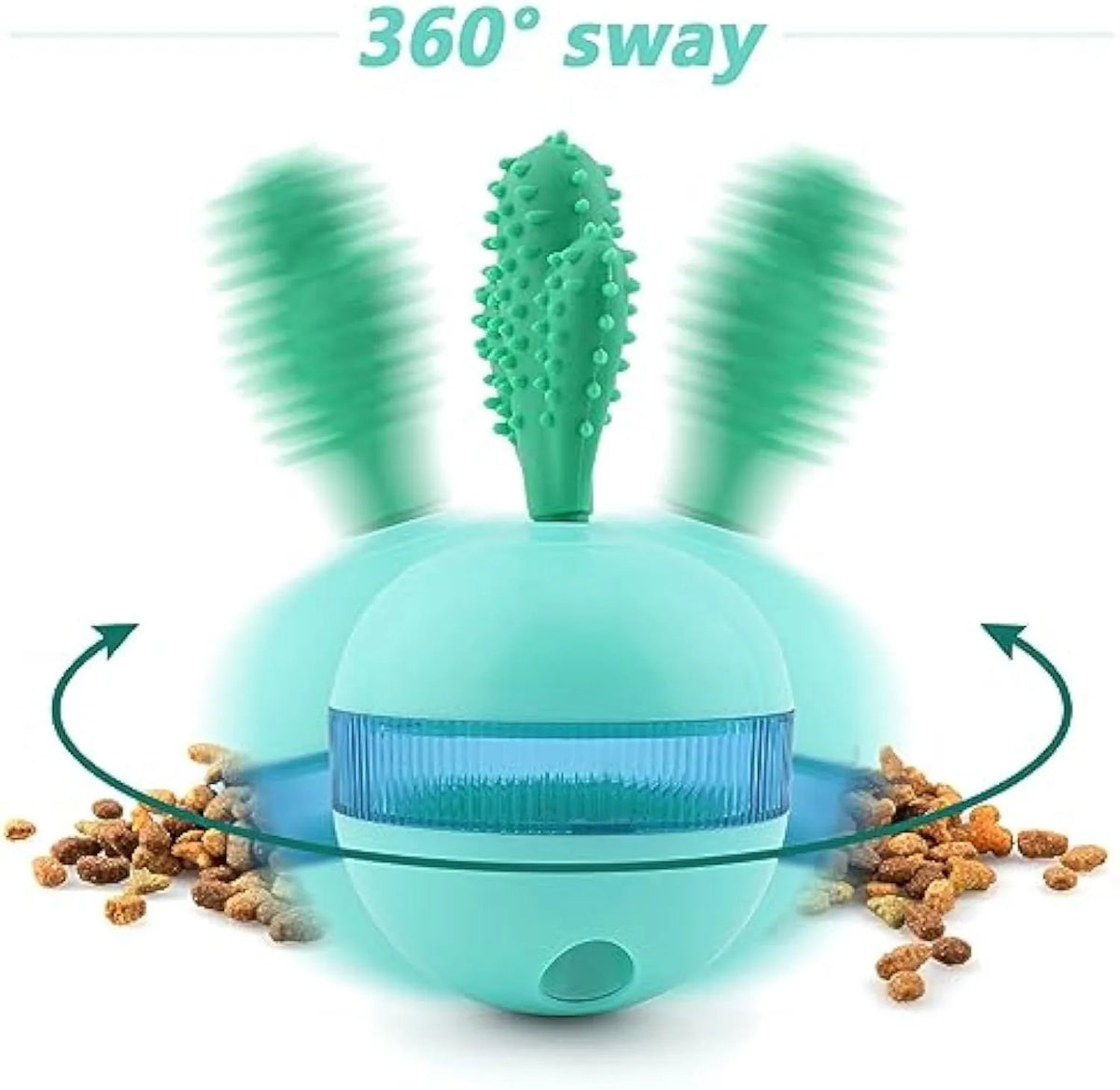 Blue and green durable rubber treat dispensing dog toy with tumbler ball design