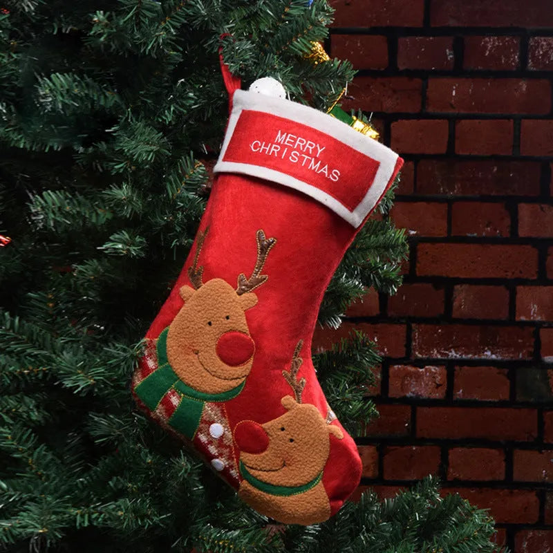 Handmade non-woven Christmas candy stocking with elk, snowman, and grandfather designs