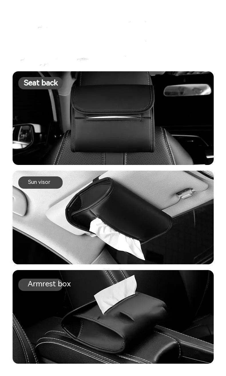 Leather car tissue box holder with elastic strap mounted on vehicle sun visor