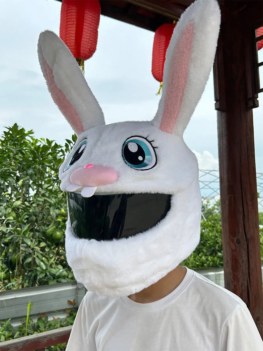 White long-eared rabbit head helmet cover for electric motorcycle with plush pp cotton material