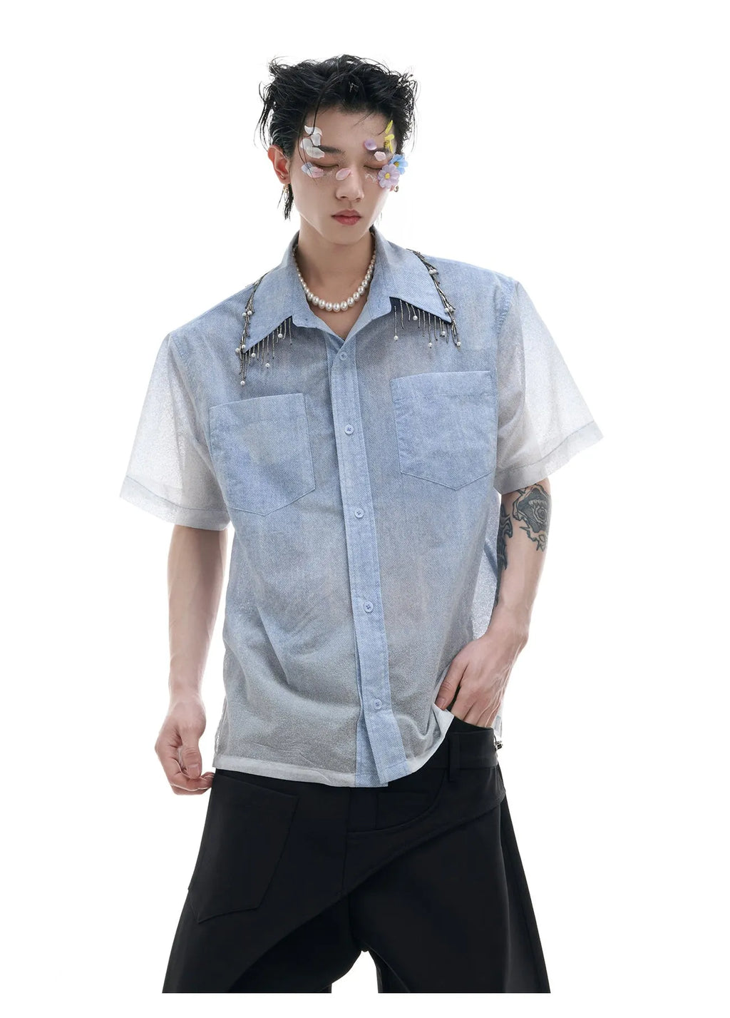Men's loose blue and white gradient short sleeve shirt with quilted detailing.