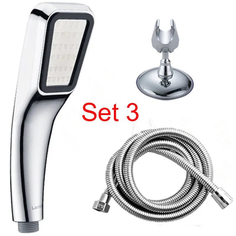 Orange hand-held shower head with hose for rain shower function