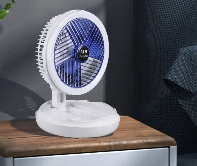 Blue foldable USB charging fan with LED light showing desk and wall mounting options
