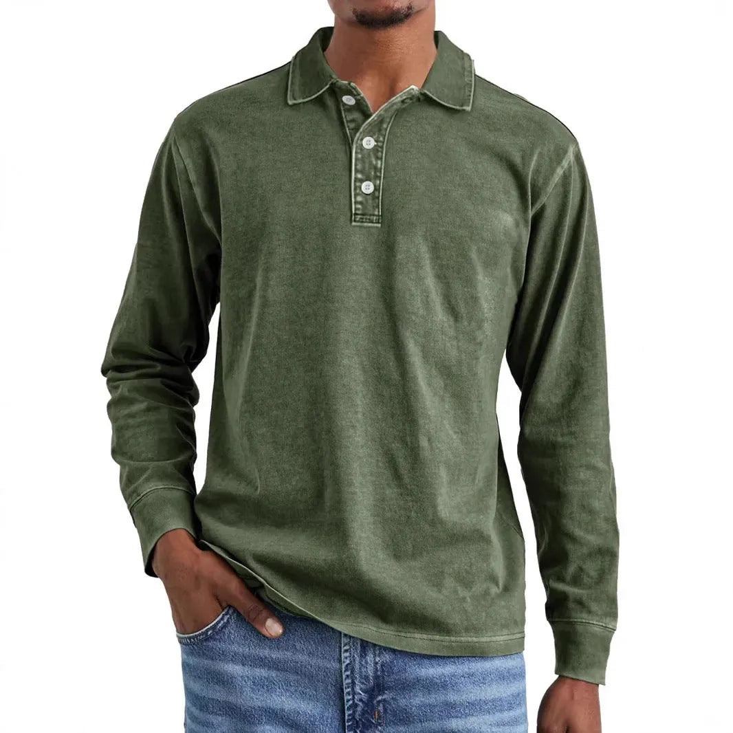 Men's retro washed distressed cotton long sleeve polo shirt with lapel collar in multiple colours