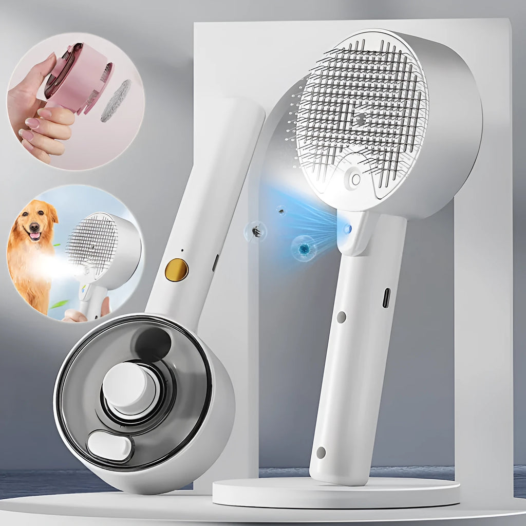 Ceramic white pet grooming brush with steam function, UV-C light, and self-cleaning hair removal