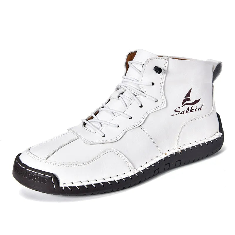 Beige high-top casual boots with elastic band and flat rubber sole