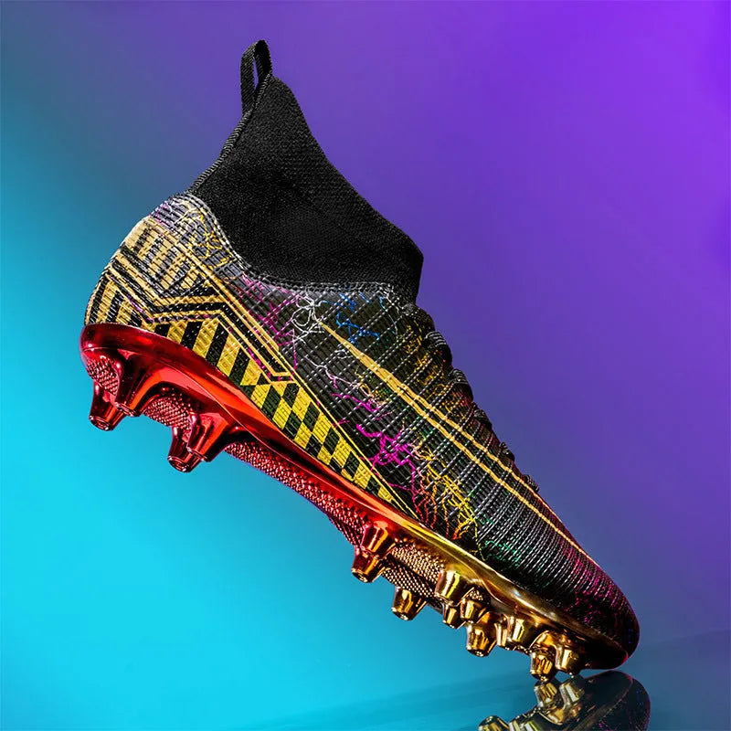 High-top football training shoes with PVC sole in white, black and mandarin duck colours
