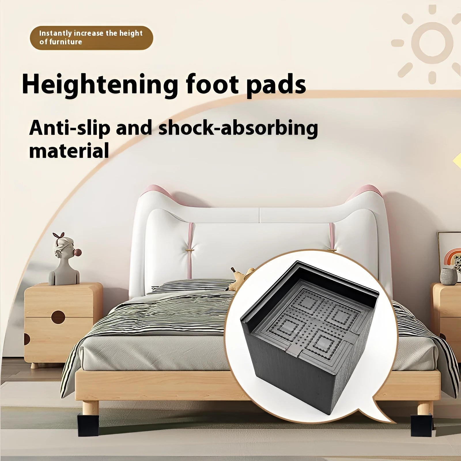 Four black plastic thickened foot mats for bed legs and sofa feet