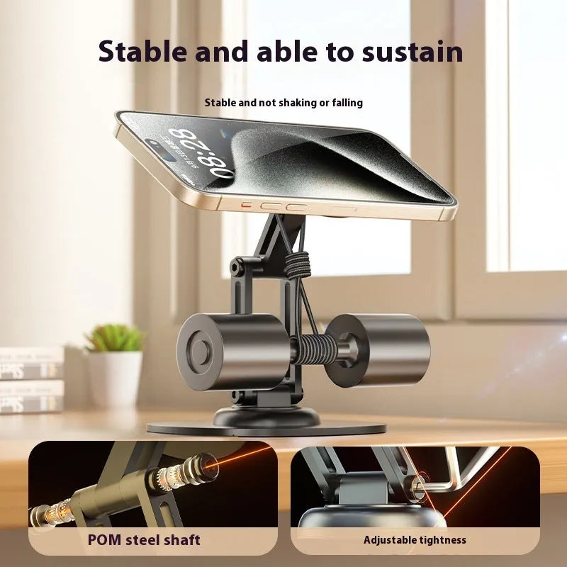 360 rotating foldable desktop phone stand in aluminium alloy for live streaming, black colour, sandblasted finish