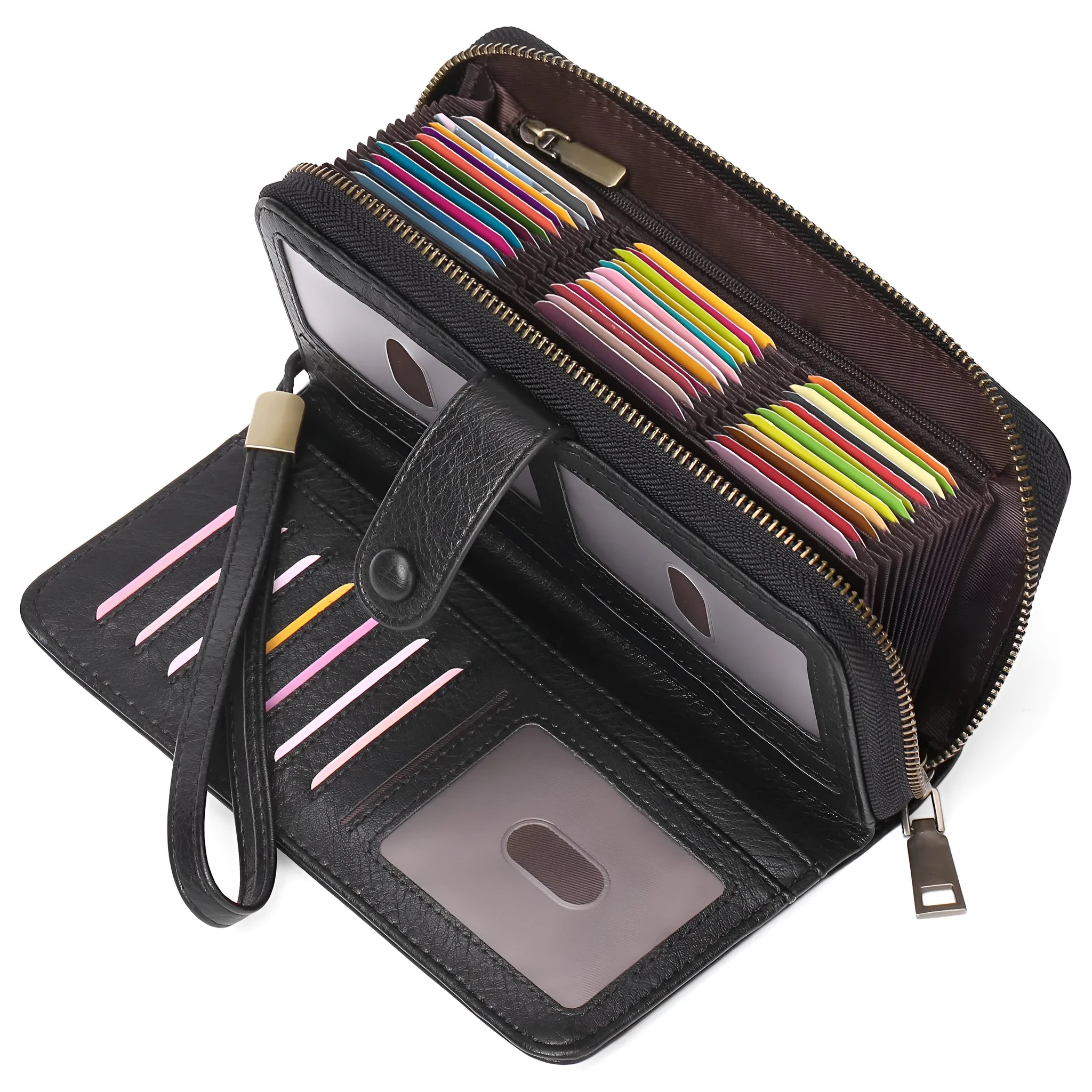 Women's expanding card holder long wallet in synthetic leather with anti-theft swiping function