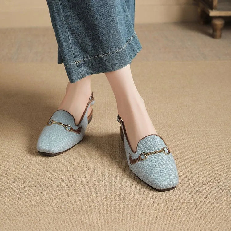 Women's Korean-style closed toe casual sandals with metal chain, square toe, and ankle-strap buckle in beige white