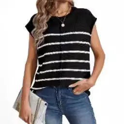 Women's striped sleeveless vest pullover in acrylic with bone stitching details