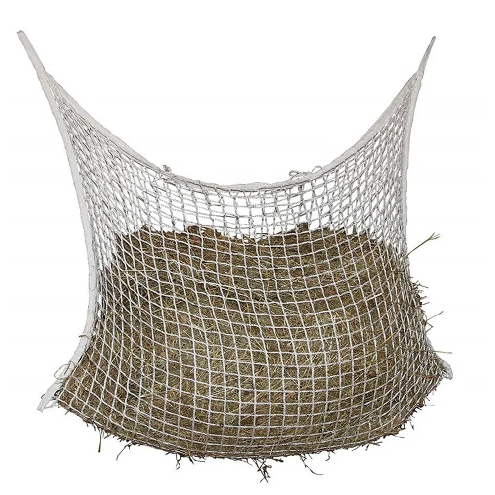 Black woven polyethylene rope hanging hay net for horses, showing the open grid pattern.