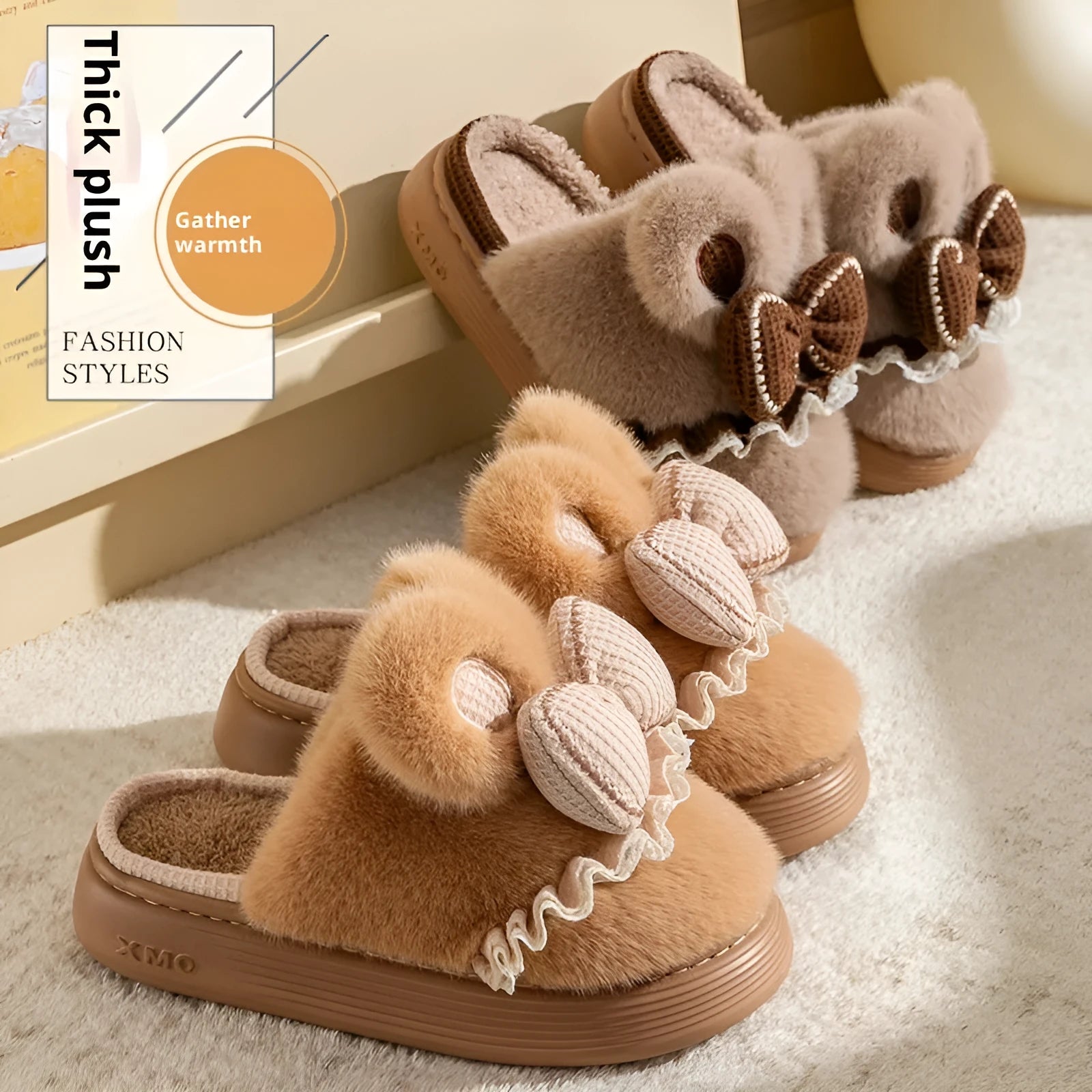 Indoor warm non-slip couples cotton shoes with suede upper and EVA sole in brown, khaki, and black and white