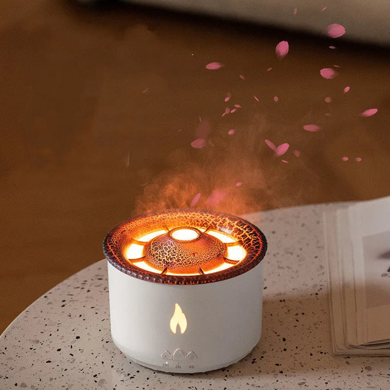 White round humidifier producing a two-colour blue and white volcanic spray ring of mist.