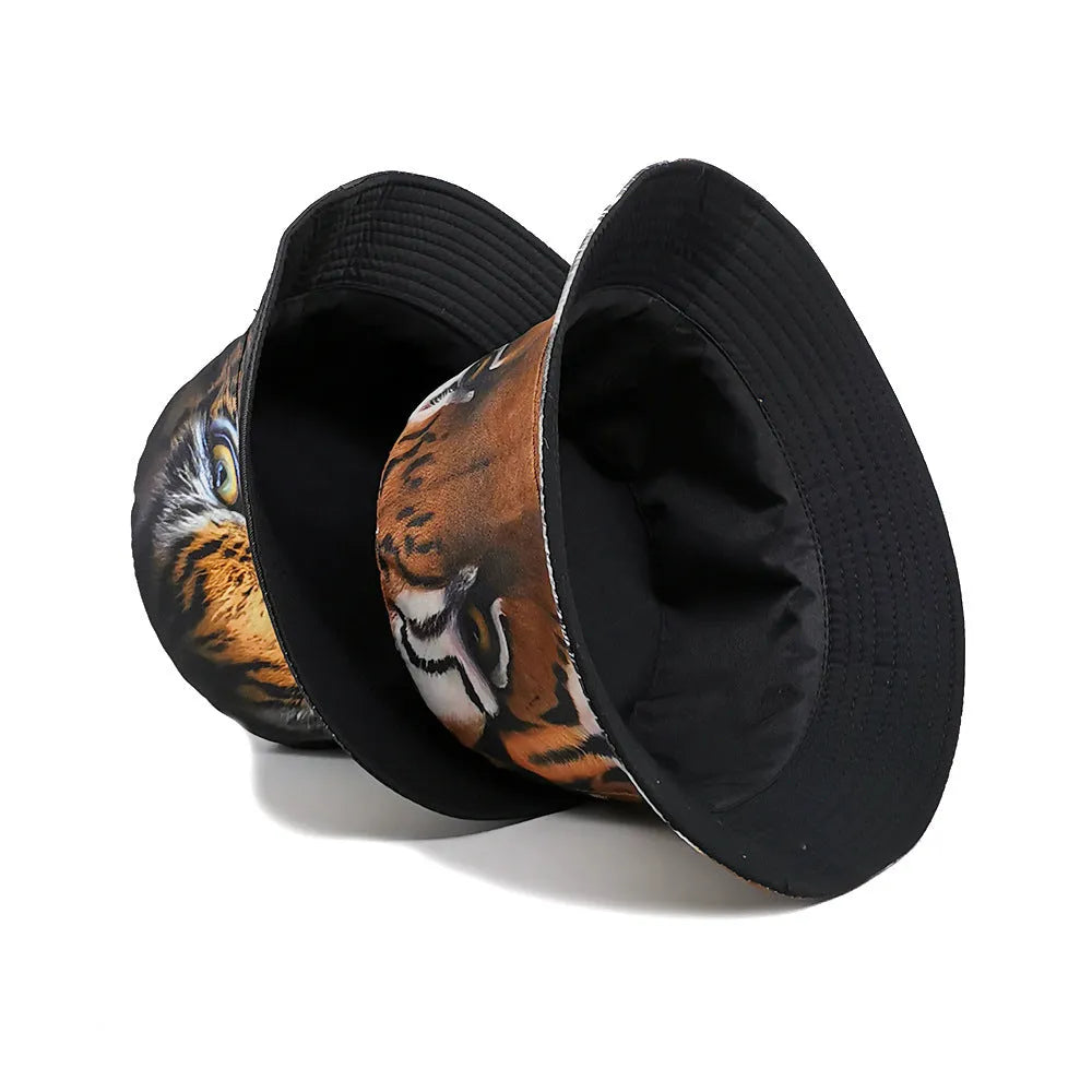 Tiger pattern polyester bucket hat in khaki or black with dome crown measuring 56-58cm