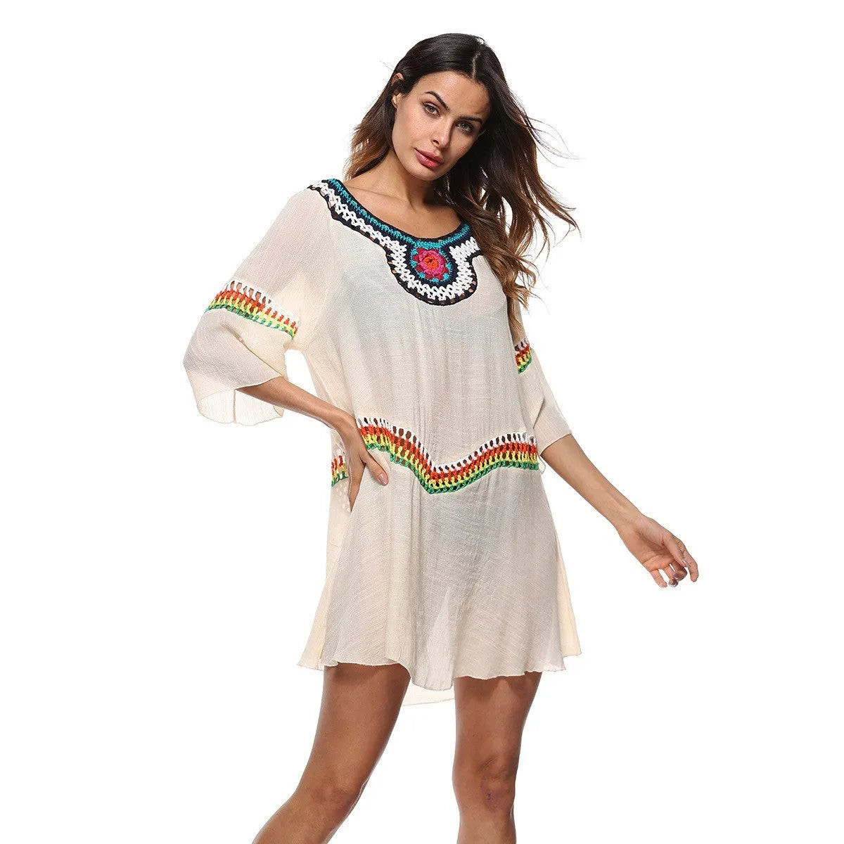 Women's crochet ethnic-style beach cover-up with long sleeves for sun protection